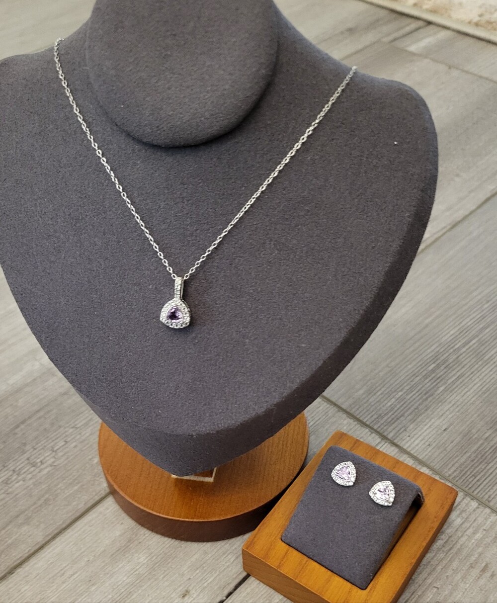 Silver Trillion Amethyst White Topaz Halo Necklace and Stud Earrings Set